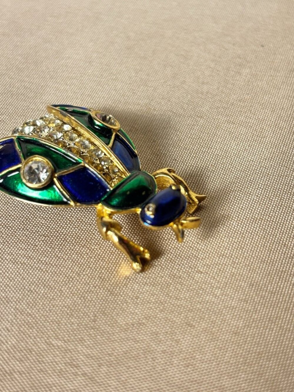 Vintage Gold Plated Green Blue Enamel Rhinestone Bug Brooch Pin Collectible A71 - Picture 5 of 8